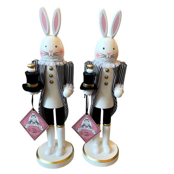 Tophat & Tail Wooden Bunny Rabbit Nutcrackers 14in Black White Set of 2 NEW - Picture 1 of 16